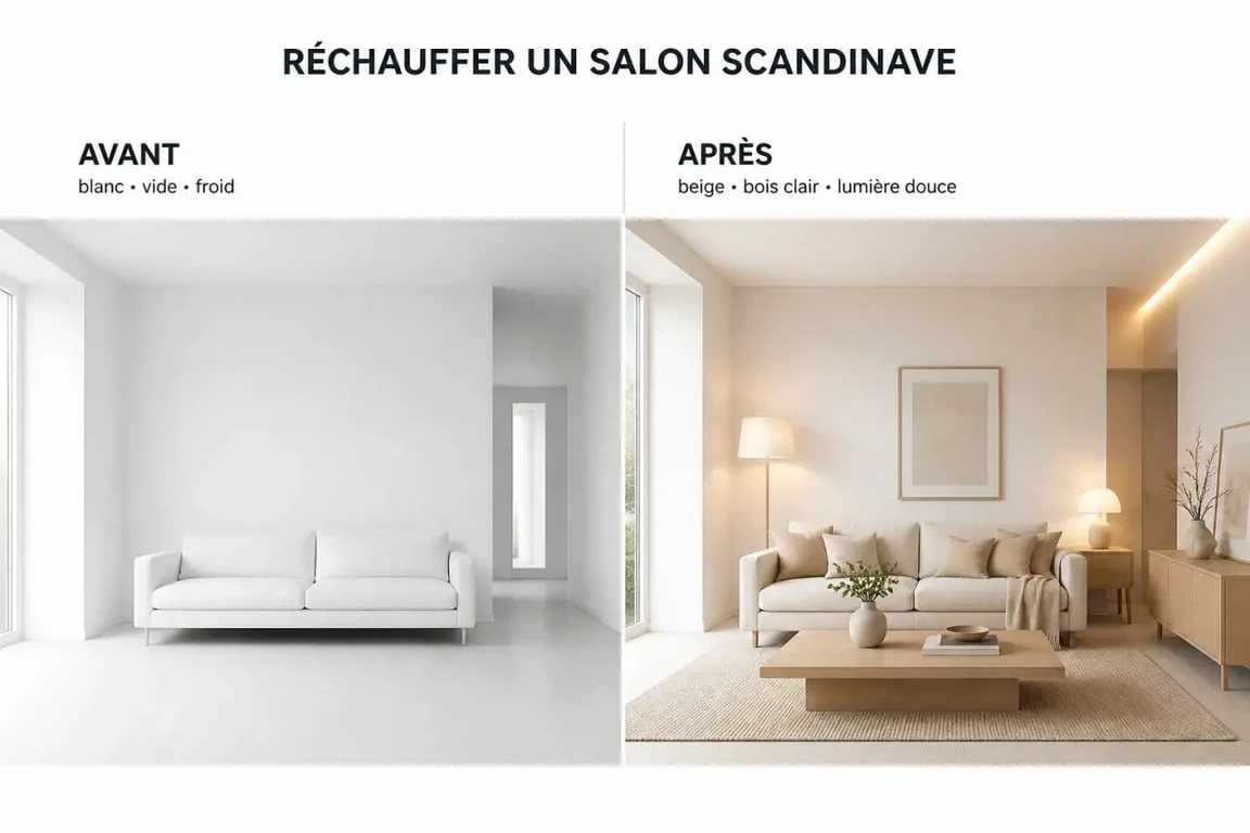 Avant après salon cocooning scandinave montrant la transformation d’un espace froid en pièce chaleureuse