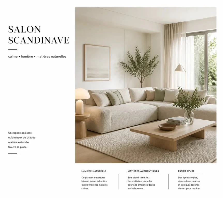 Salon cocooning scandinave lumineux avec canapé beige, bois blond et ambiance chaleureuse