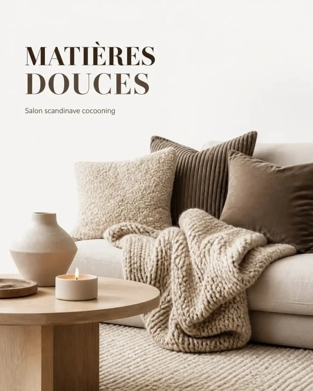 Détail de salon cocooning scandinave avec matières douces, plaid et coussins texturés