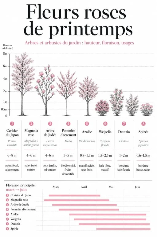 Arbre fleurs roses printemps : comparaison visuelle des espèces les plus adaptées au jardin