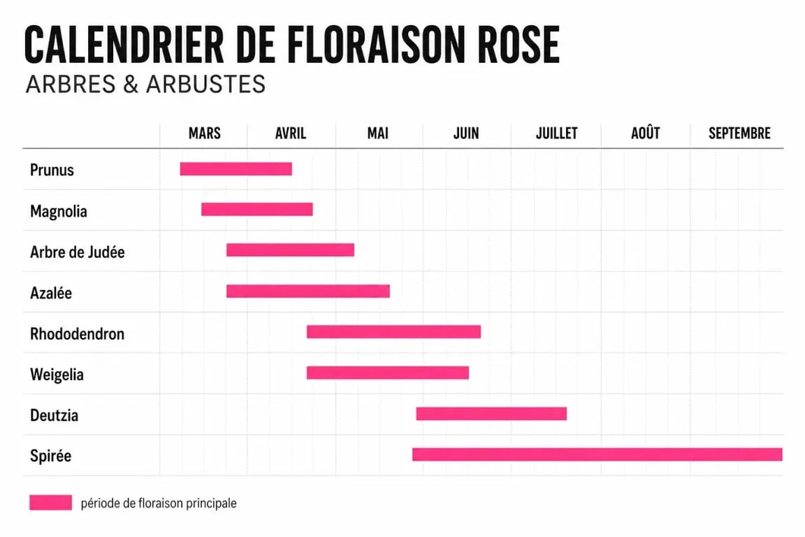 Arbre fleurs roses printemps : calendrier des floraisons de mars à septembre