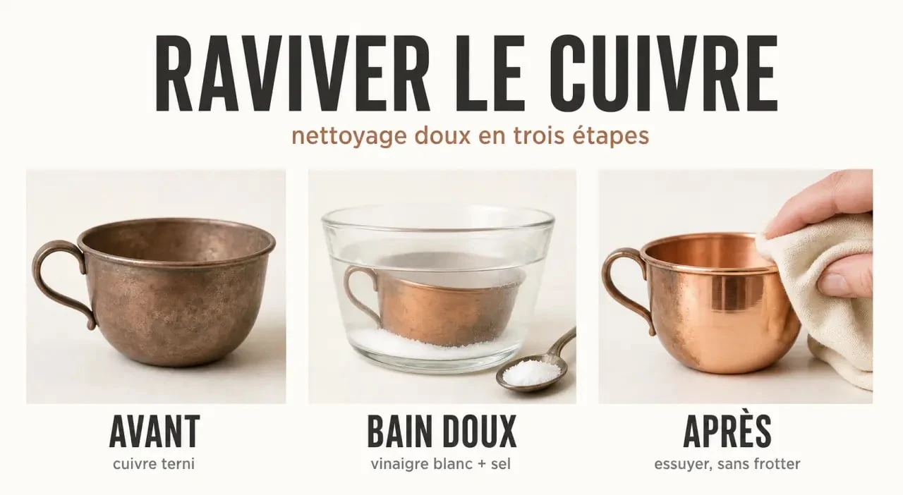 Nettoyer le cuivre sans frotter avec un bain au vinaigre blanc et un résultat avant après