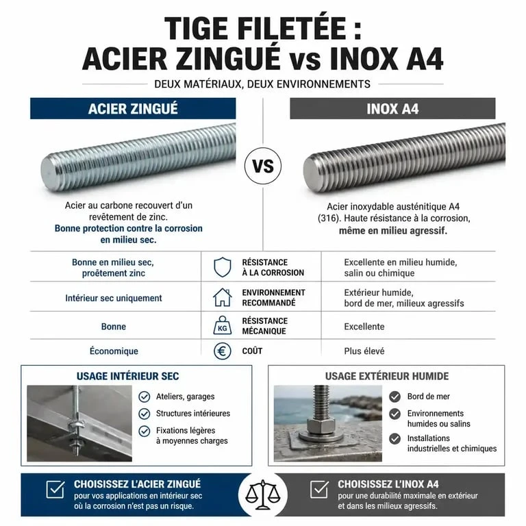Comparatif visuel entre tige filetée 8 mm en acier zingué et inox A4 pour choisir le bon matériau