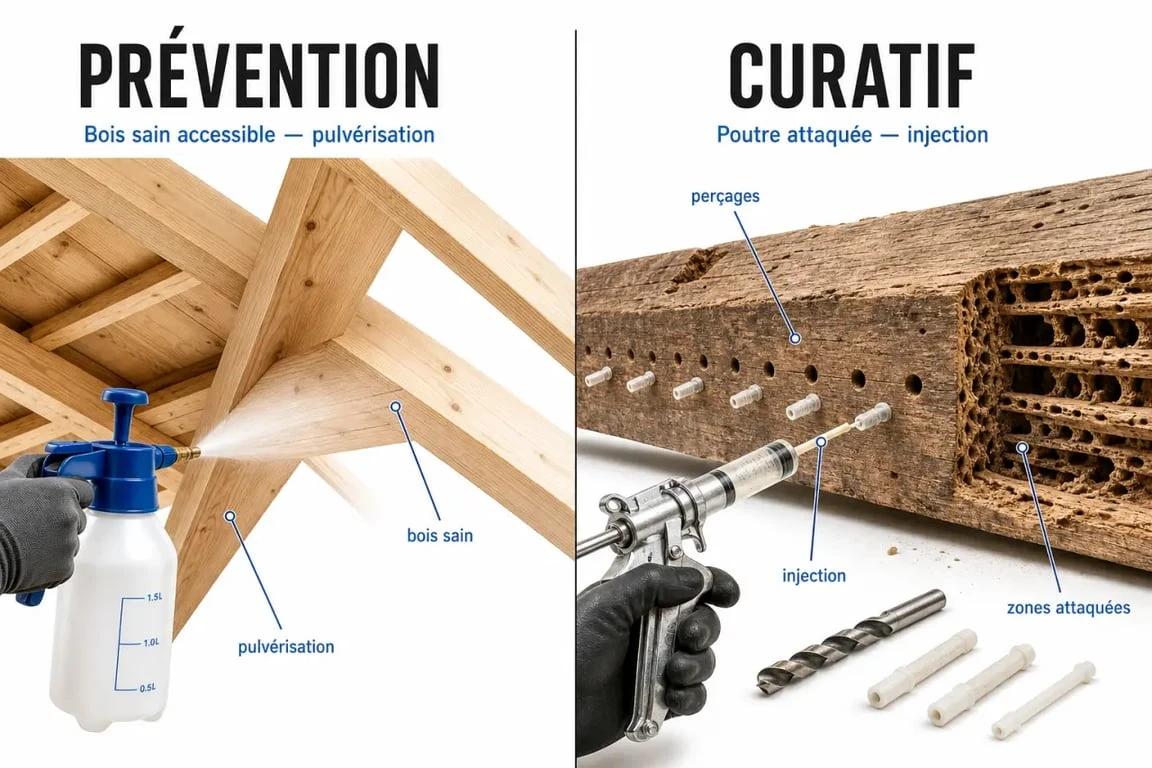 Traitement charpente bois : comparaison entre pulvérisation préventive et injection curative