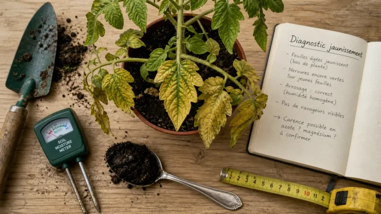 Feuille de tomates jaunissent : feuilles basses jaunes sur plant en pot
