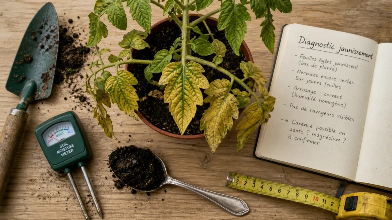 Feuille de tomates jaunissent : feuilles basses jaunes sur plant en pot