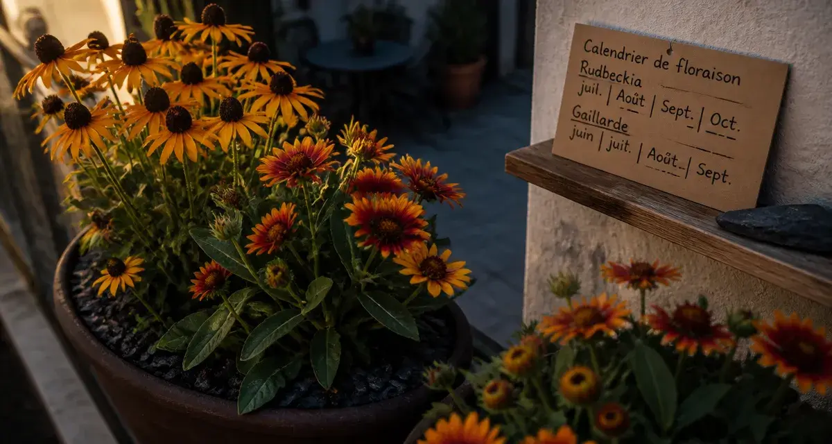 Plante qui fleurit toute l'année en jardinières : rudbeckia et gaillarde sur terrasse