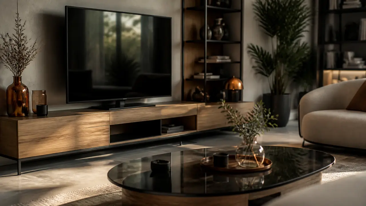 Meuble salon design haut de gamme : meuble TV bois clair et métal noir