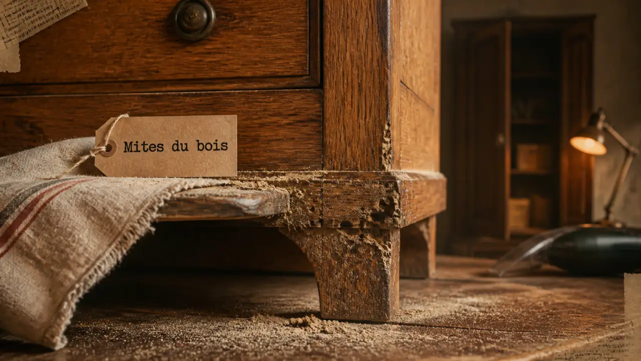 Mites bois meuble : trous et sciure sur meuble en bois