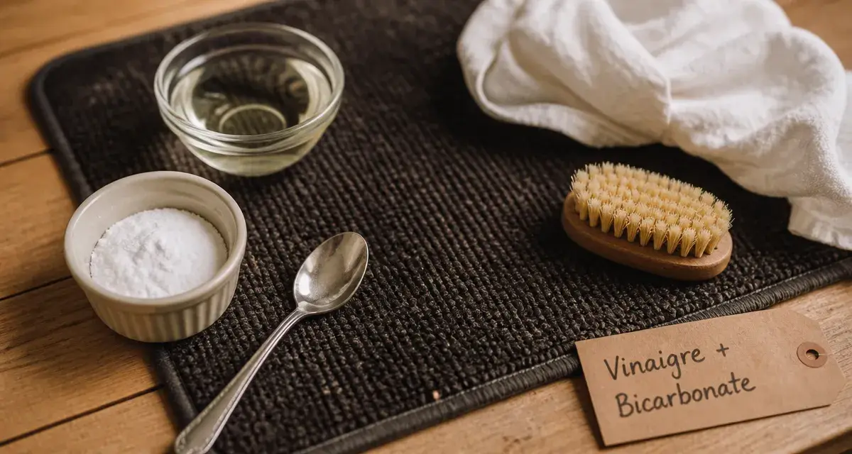 Nettoyer tapis vinaigre blanc bicarbonate : vinaigre, bicarbonate et brosse pour tapis