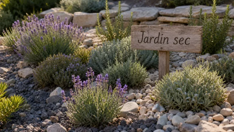 Plantes méditerranéennes sans arrosage : lavande, thym, santoline en jardin sec au soleil