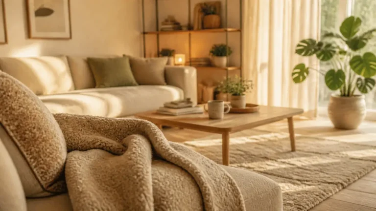 Salon cocooning scandinave : lumière tamisée, bois blond, tons clairs