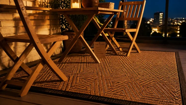 Tapis d'exterieur rectangulaire sur balcon urbain, motif géométrique