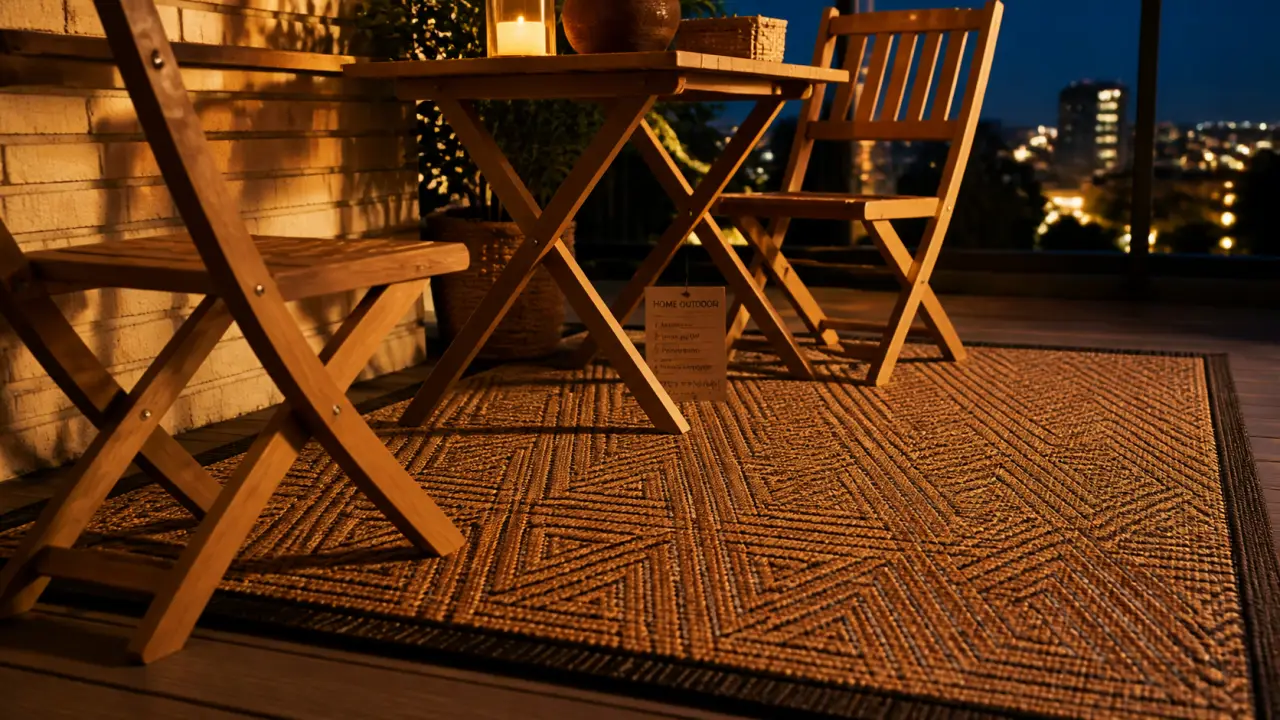 Tapis d'exterieur rectangulaire sur balcon urbain, motif géométrique