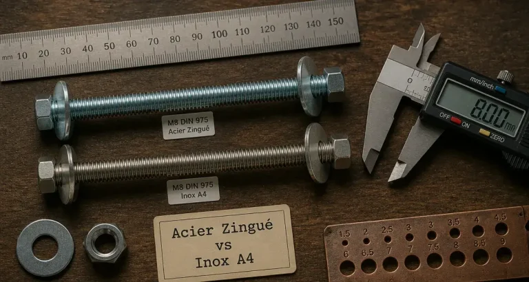 Tige filetée 8 mm : acier zingué vs inox A4 avec rondelles et écrous