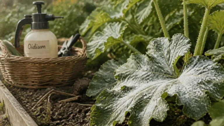 Traitement oidium courgette : voile blanc poudreux sur feuille de courgette