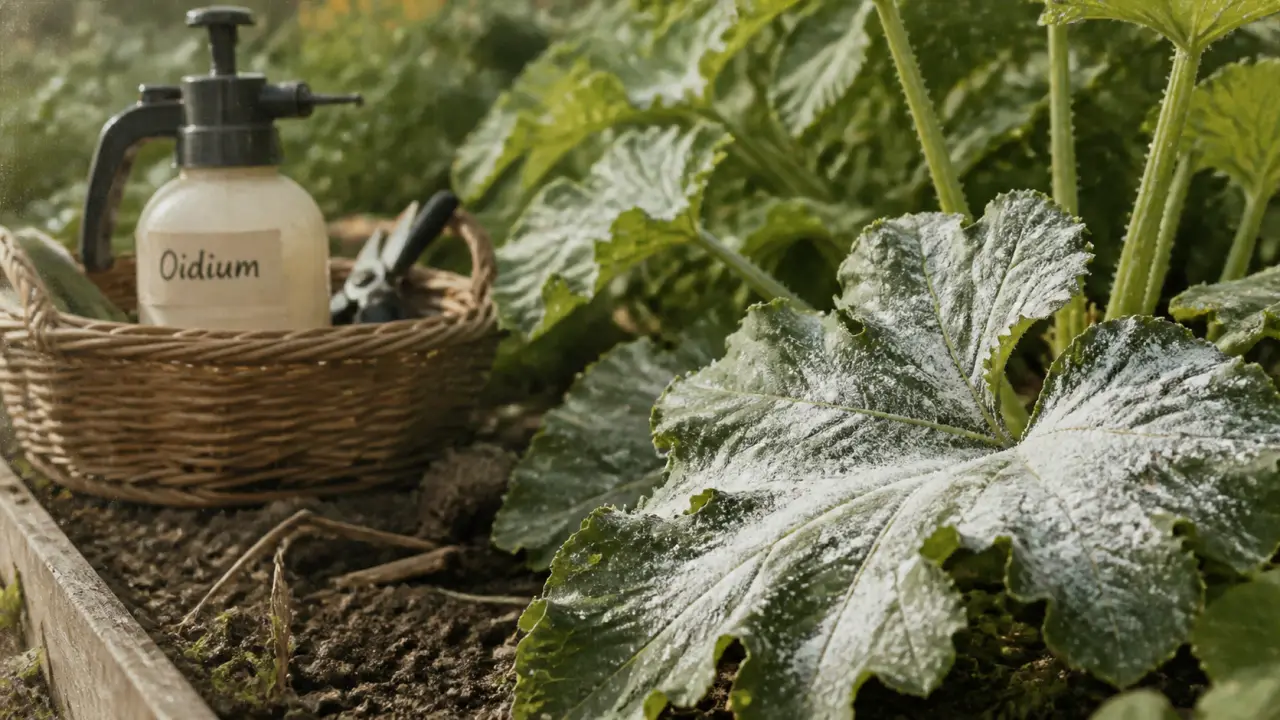 Traitement oidium courgette : voile blanc poudreux sur feuille de courgette