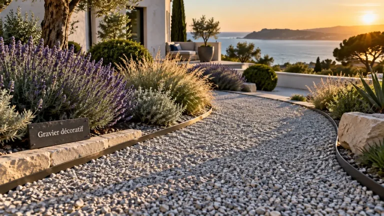 Aménagement jardin gravier décoratif : allée en gravier gris clair