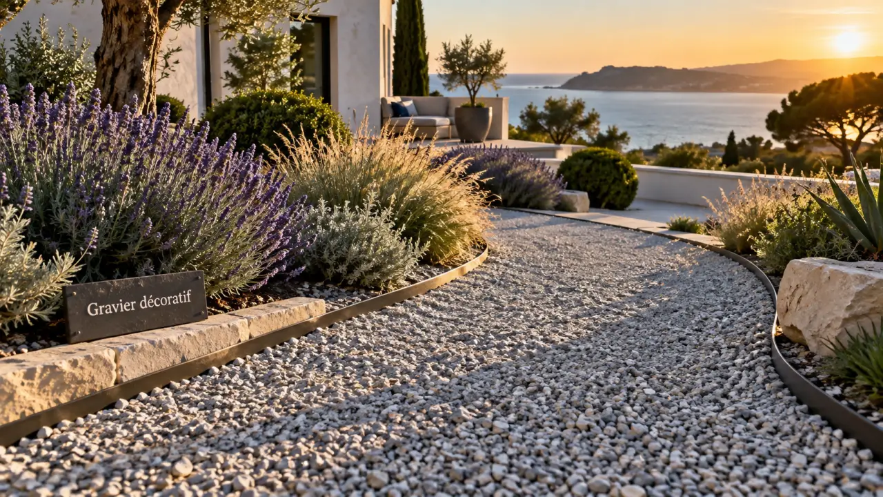 Aménagement jardin gravier décoratif : allée en gravier gris clair