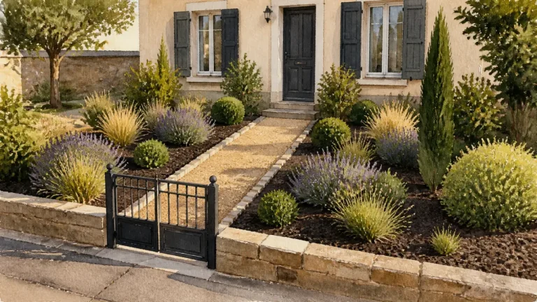 Aménagement parterre devant maison avec allée en gravier et graminées
