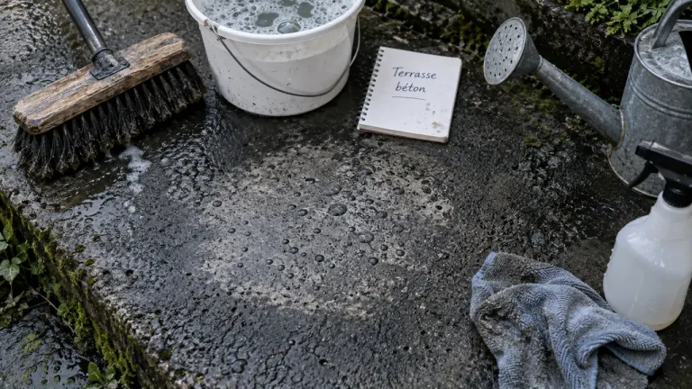 Comment nettoyer terrasse beton noircie sans abîmer, brosse et eau savonneuse