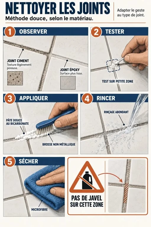 Étapes du nettoyage de joint de carrelage avec bicarbonate, brosse douce, rinçage et séchage