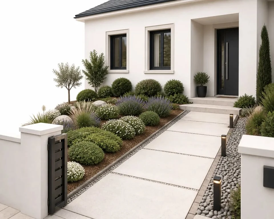 Aménagement parterre devant maison avec allée, bordures et plantes persistantes