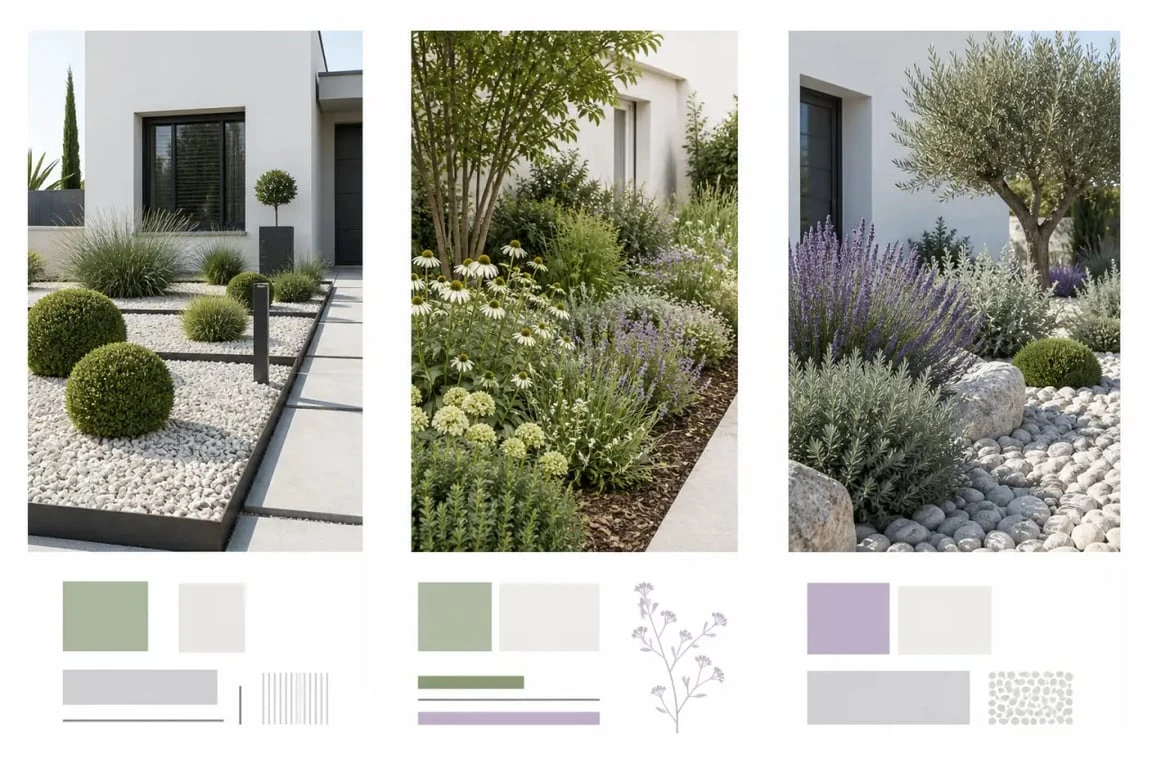 Aménagement parterre devant maison comparant style contemporain, naturel et méditerranéen