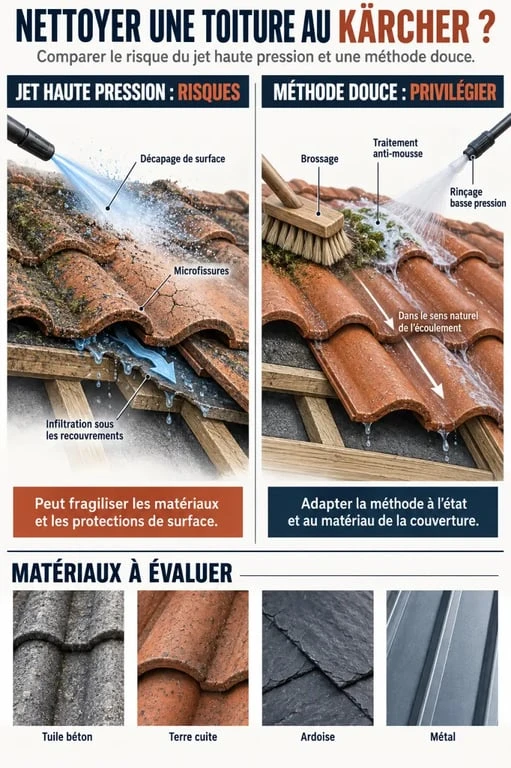 Infographie sur le nettoyage d’une toiture au Kärcher et les alternatives basse pression selon le matériau