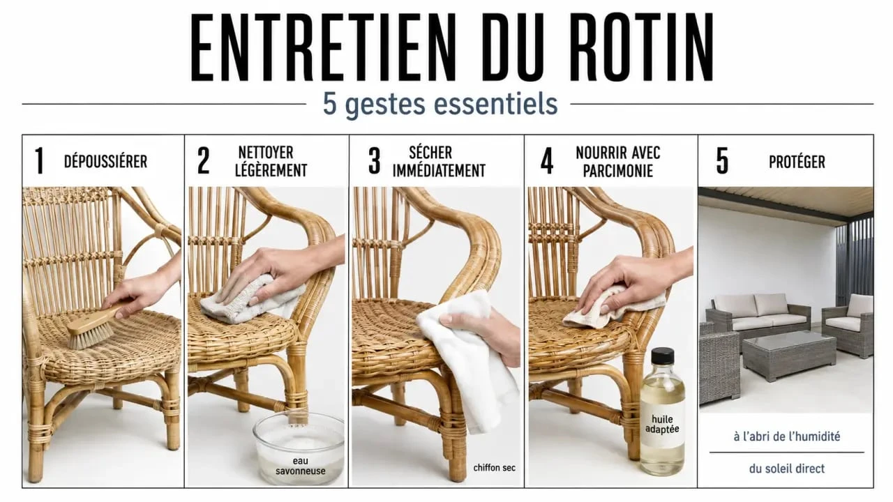 Entretien du rotin : les 5 étapes essentielles pour dépoussiérer, nettoyer, sécher, nourrir et protéger un meuble