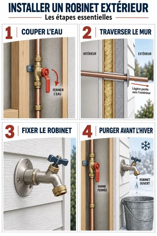 Installer un robinet extérieur : étapes du raccordement, de la fixation et de la purge hivernale