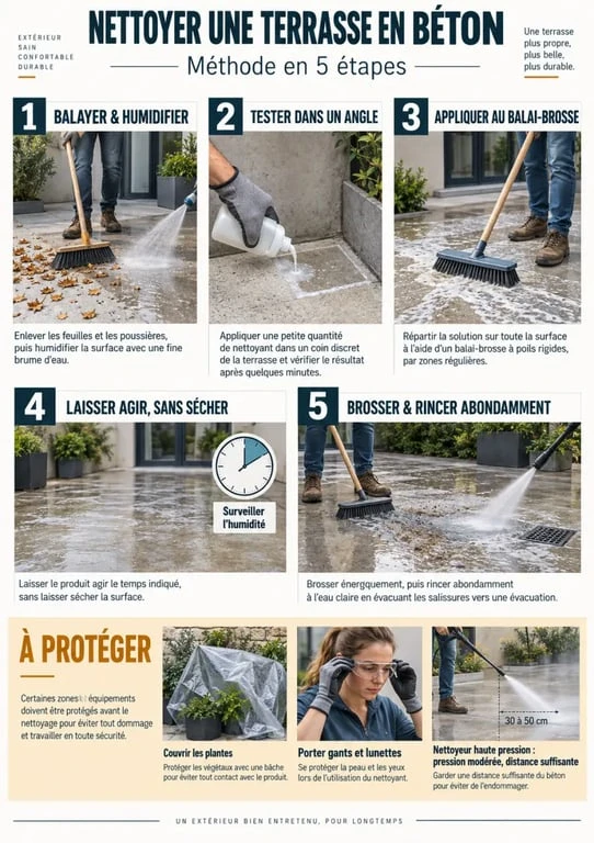 Comment nettoyer terrasse beton : illustration des étapes de nettoyage et de rinçage