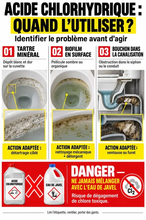 Acide chlorhydrique toilette : distinguer tartre, biofilm et bouchon avec les précautions de sécurité