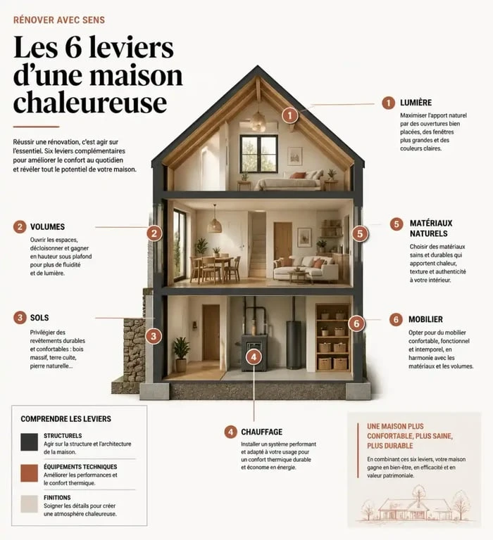 Leviers de rénovation pour une maison chaleureuse com travaux : lumière, volumes, sols, chauffage et matériaux