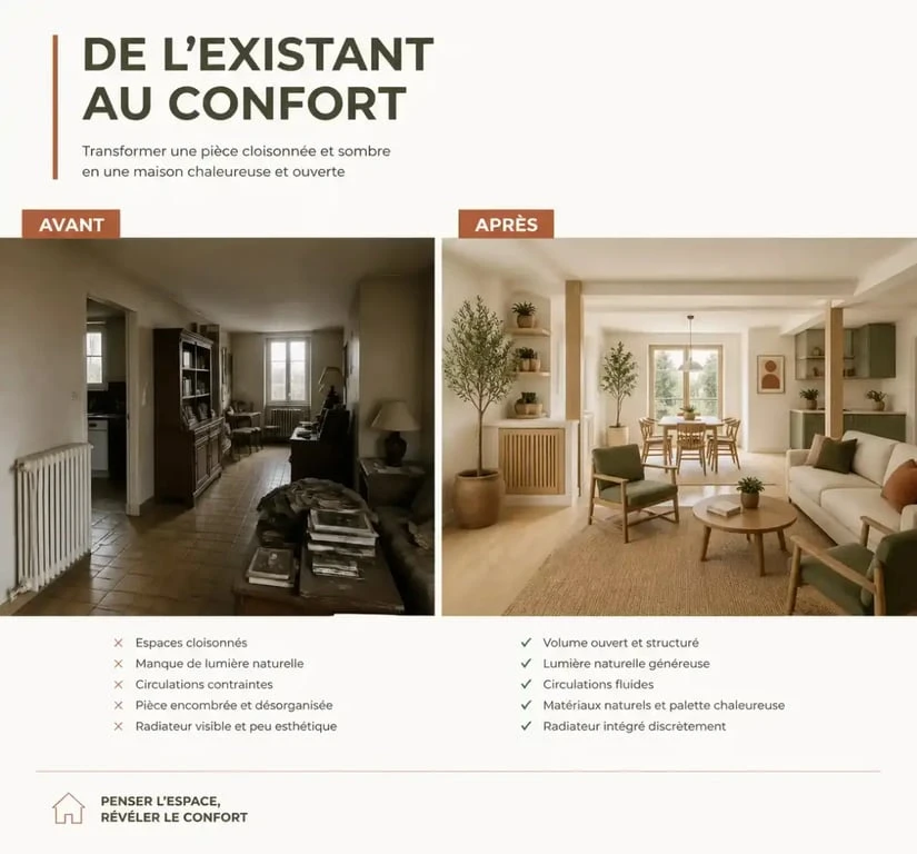 Avant après d’une maison chaleureuse com travaux avec décloisonnement, lumière naturelle et matériaux naturels