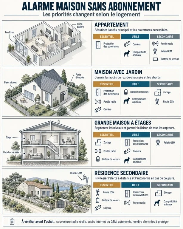 Infographie comparative pour choisir la meilleure alarme maison sans abonnement selon son logement