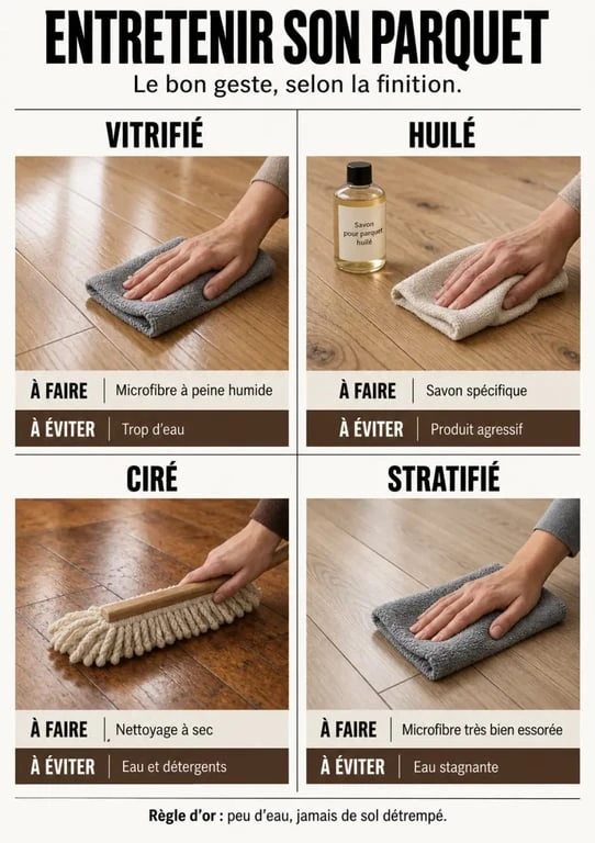 Comparaison des méthodes pour nettoyer du parquet vitrifié, huilé, ciré ou stratifié