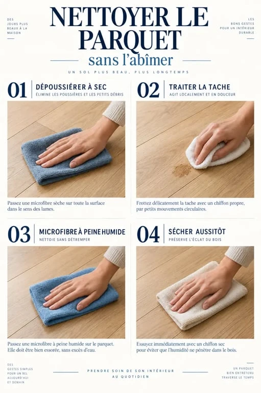 Étapes pour nettoyer du parquet avec dépoussiérage, microfibre humide et séchage
