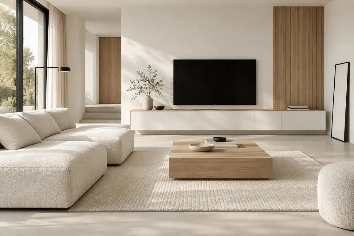 Salon blanc et bois contemporain avec meuble TV blanc et détails en chêne