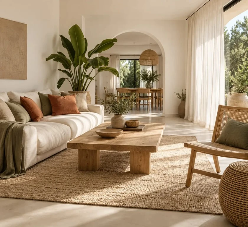 Salon blanc et bois bohème chic avec rotin, tapis et coussins terracotta