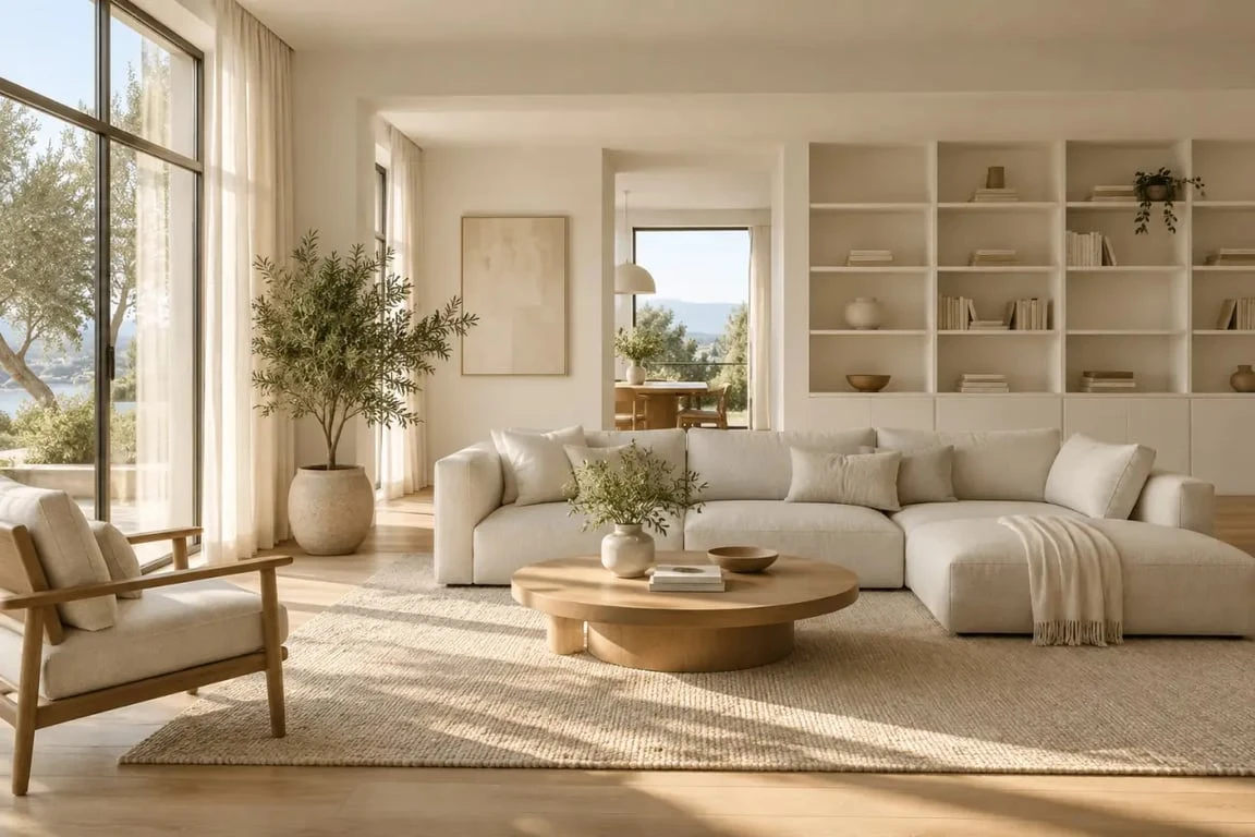 Salon blanc et bois lumineux avec canapé écru et table basse en chêne clair