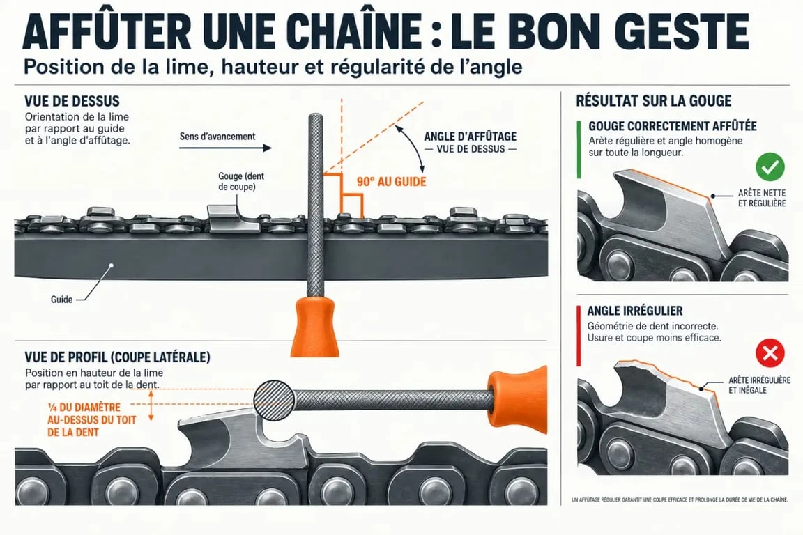Schéma de l’angle d’affûtage d’une chaîne de tronçonneuse avec lime ronde à 90 degrés