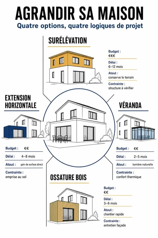 Construire une extension maison : comparaison visuelle des solutions horizontale, surélévation, véranda et ossature bois avec budgets et délais