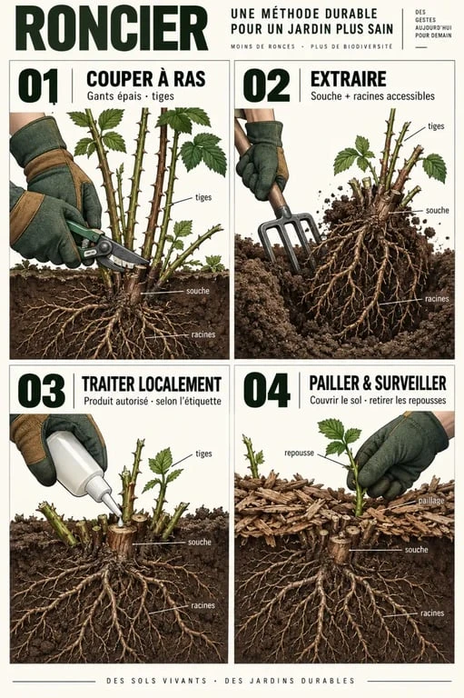 Quel produit pour tuer les ronces : étapes de coupe, traitement localisé de la souche et paillage