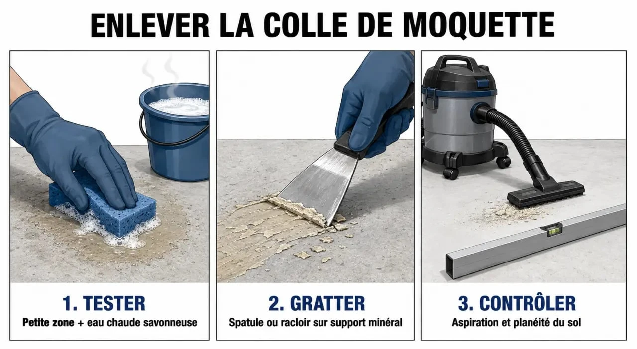 Colle moquette enlever : test sur petite zone, grattage puis aspiration avant nouvelle pose