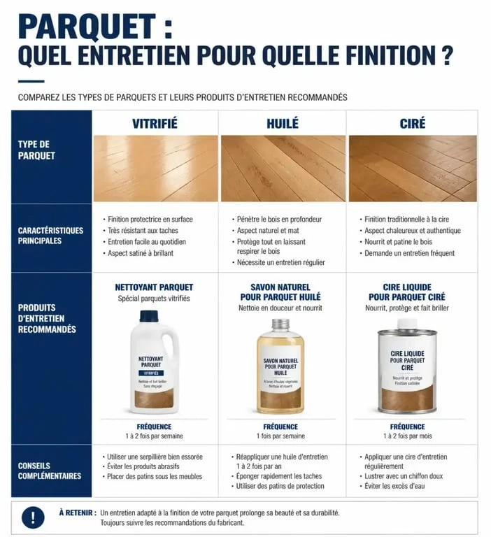 Tableau comparatif des produits pour nettoyage parquet selon la finition