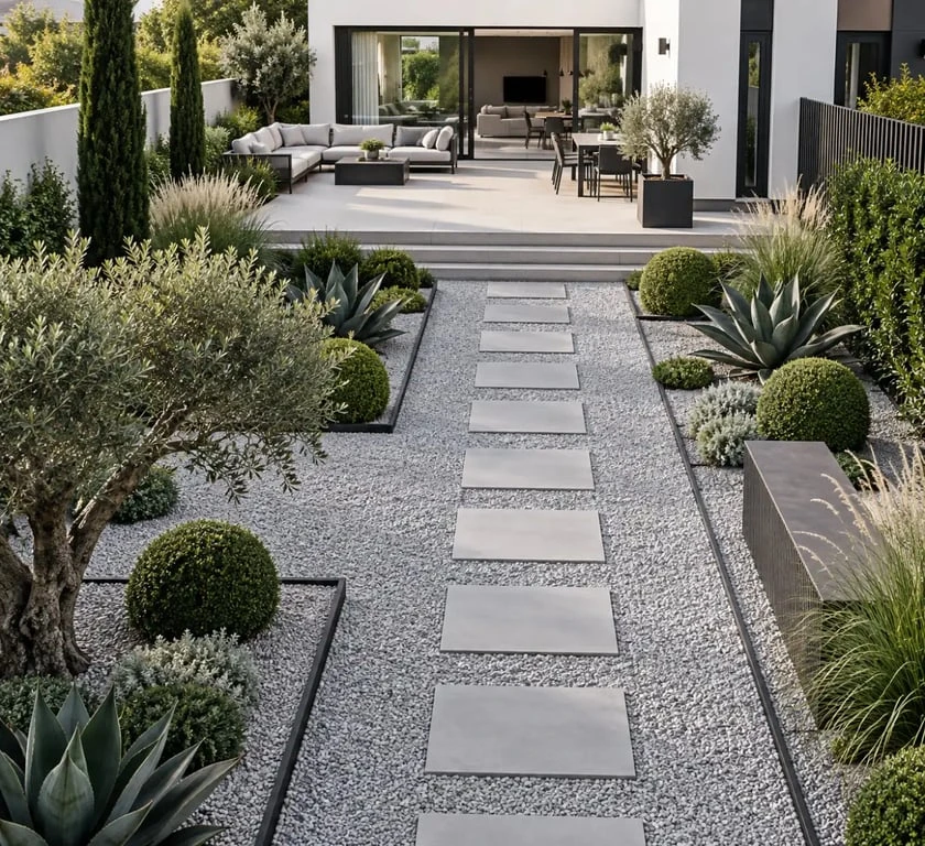 Aménagement de jardin avec gravier décoratif gris et bordures contemporaines