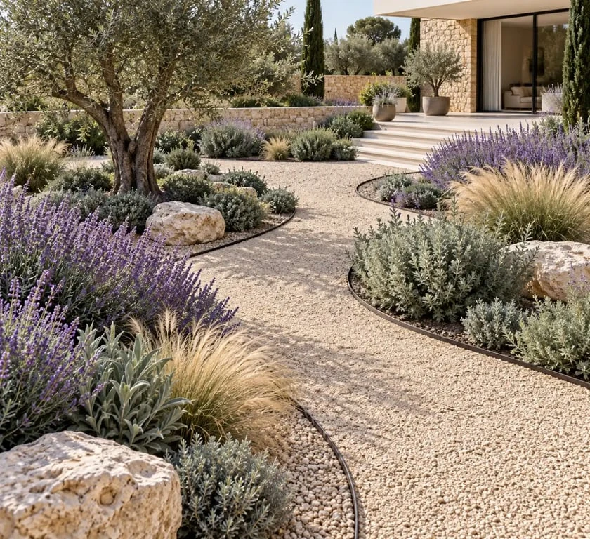 Aménagement de jardin avec gravier décoratif dans un style méditerranéen
