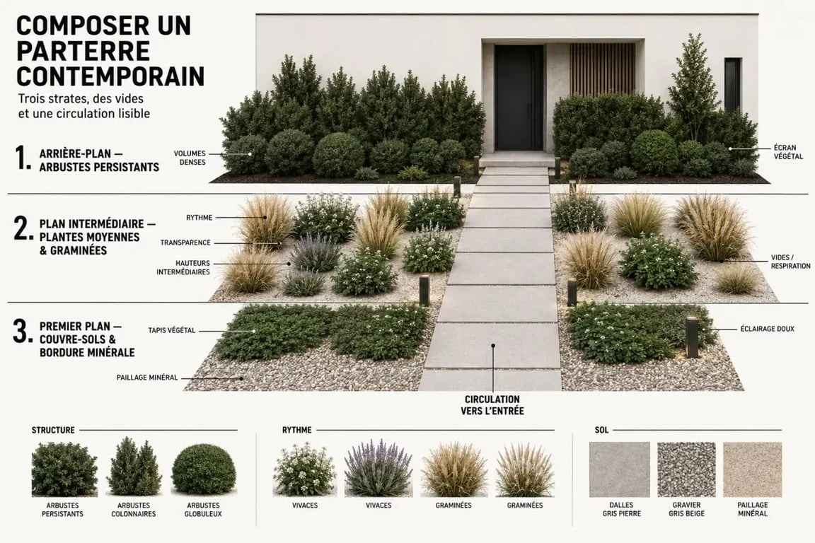 Infographie de composition d'un parterre devant maison moderne avec trois niveaux de plantation