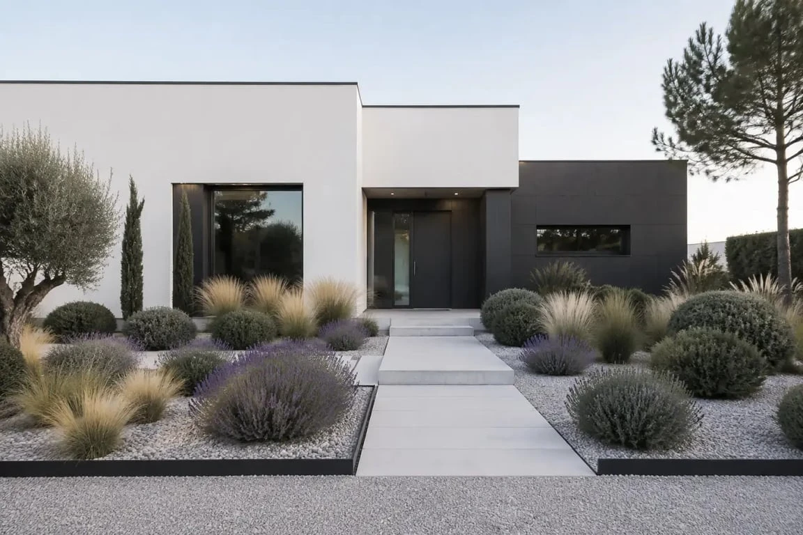 Parterre devant maison moderne avec graminées, lavandes, gravier et bordures nettes